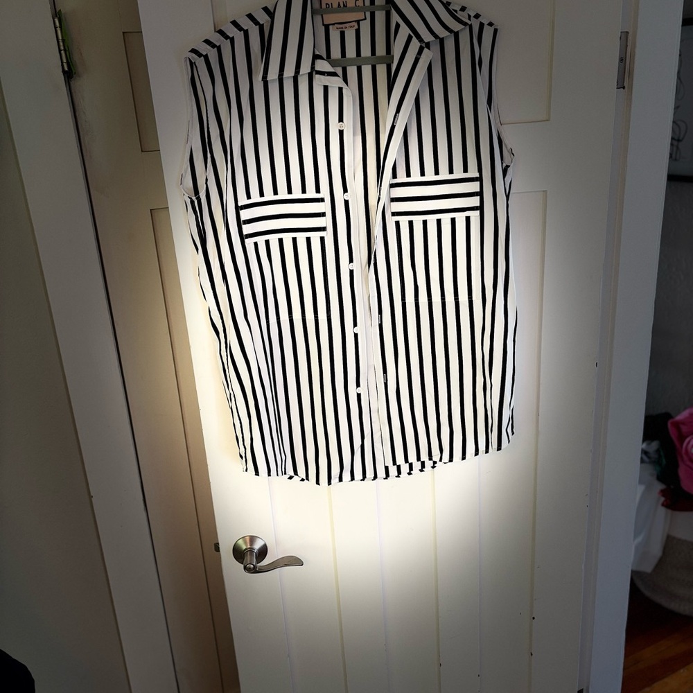 Plan C Sleeveless Black & White Vertical Stripe Shirt. Made in Italy.